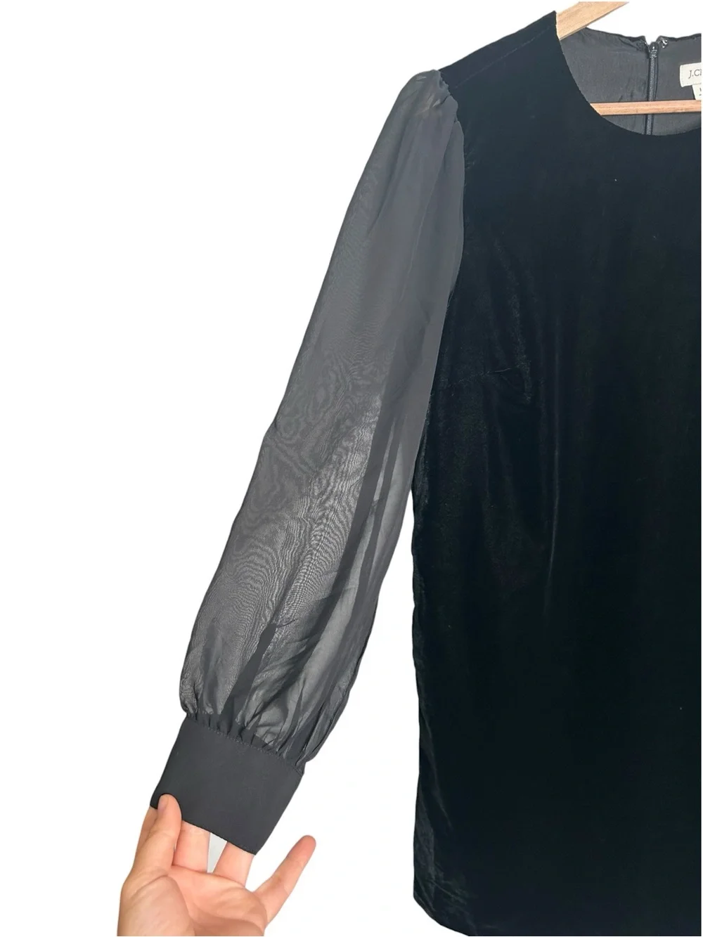 J.Crew Black Velvet Shift Cocktail Dress Sheer Chiffon Sleeves Women’s Size 10